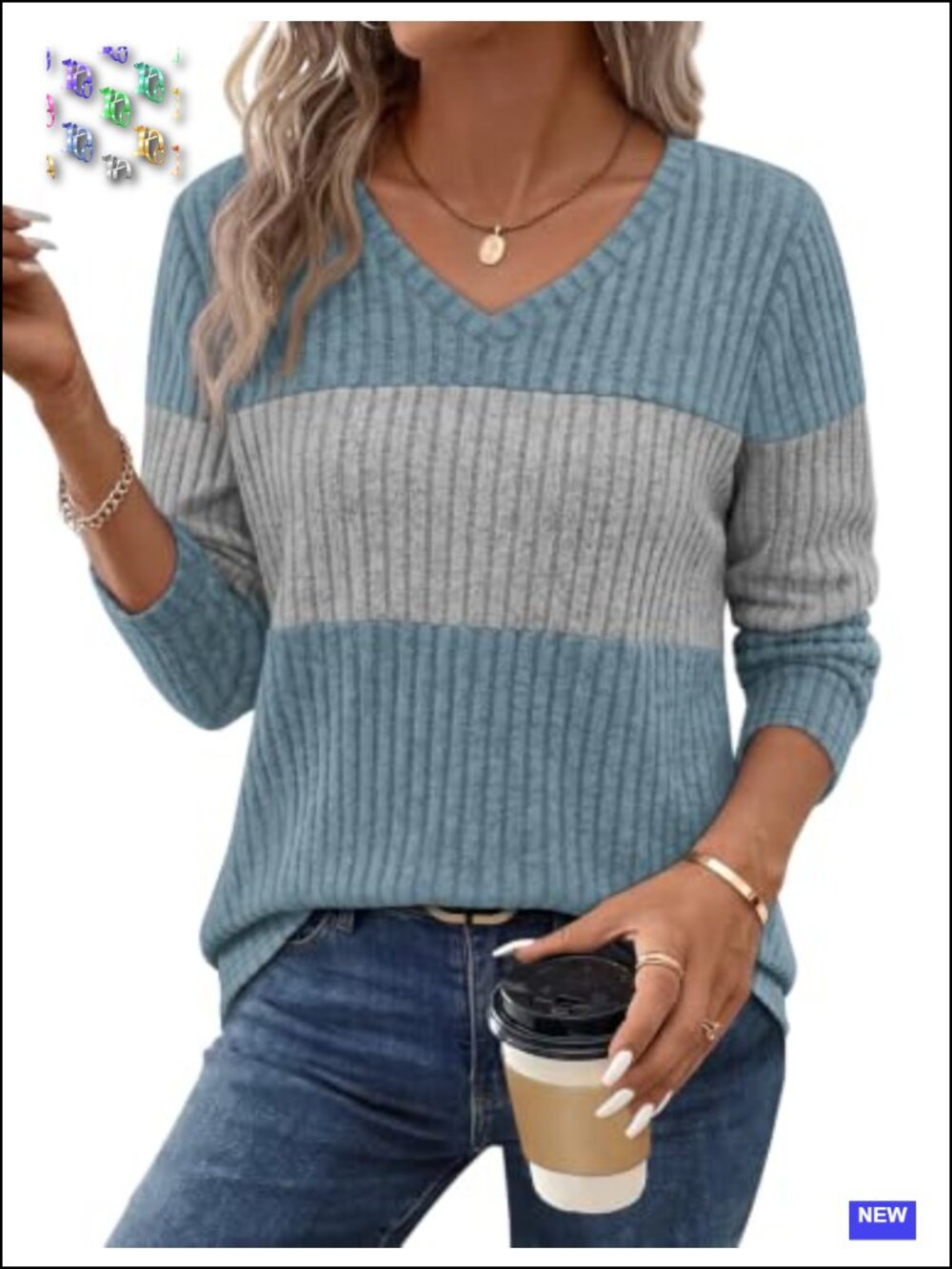 Women's Color Block V-Neck Lightweight Long Sleeve Sweater Soft Trendy Top